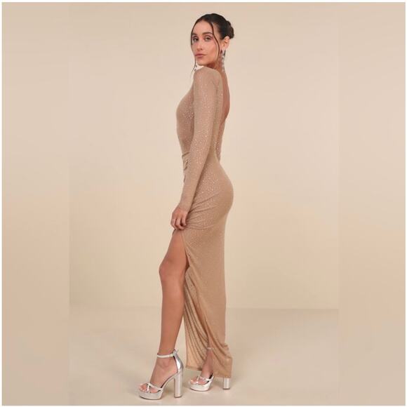 Lulus Sultry Glamour Beige Mesh Rhinestone Backless Maxi Dress - Picture 3 of 4